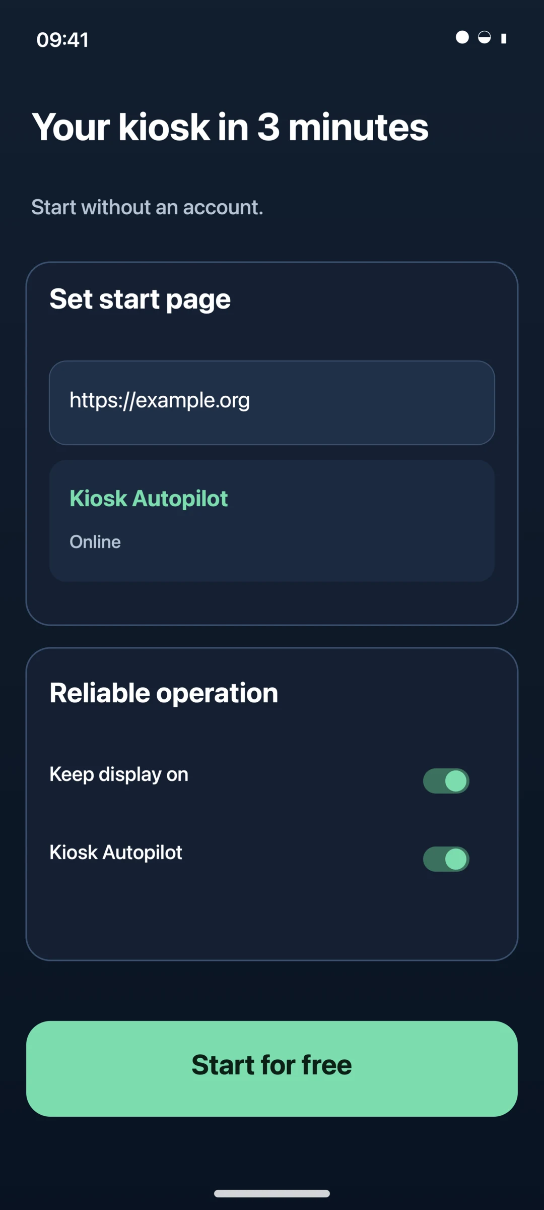 Setup wizard of the KioskPilot Android kiosk browser