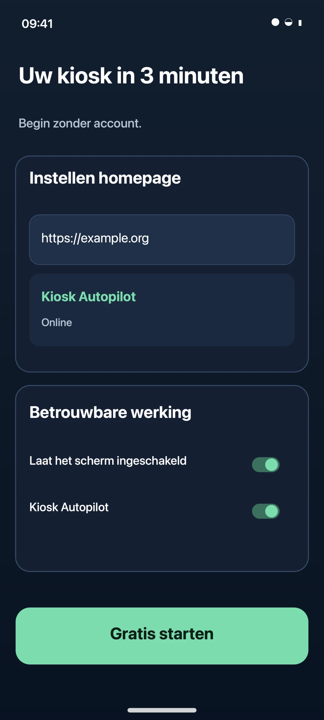 Installatiewizard van de KioskPilot Android Kiosk Browser
